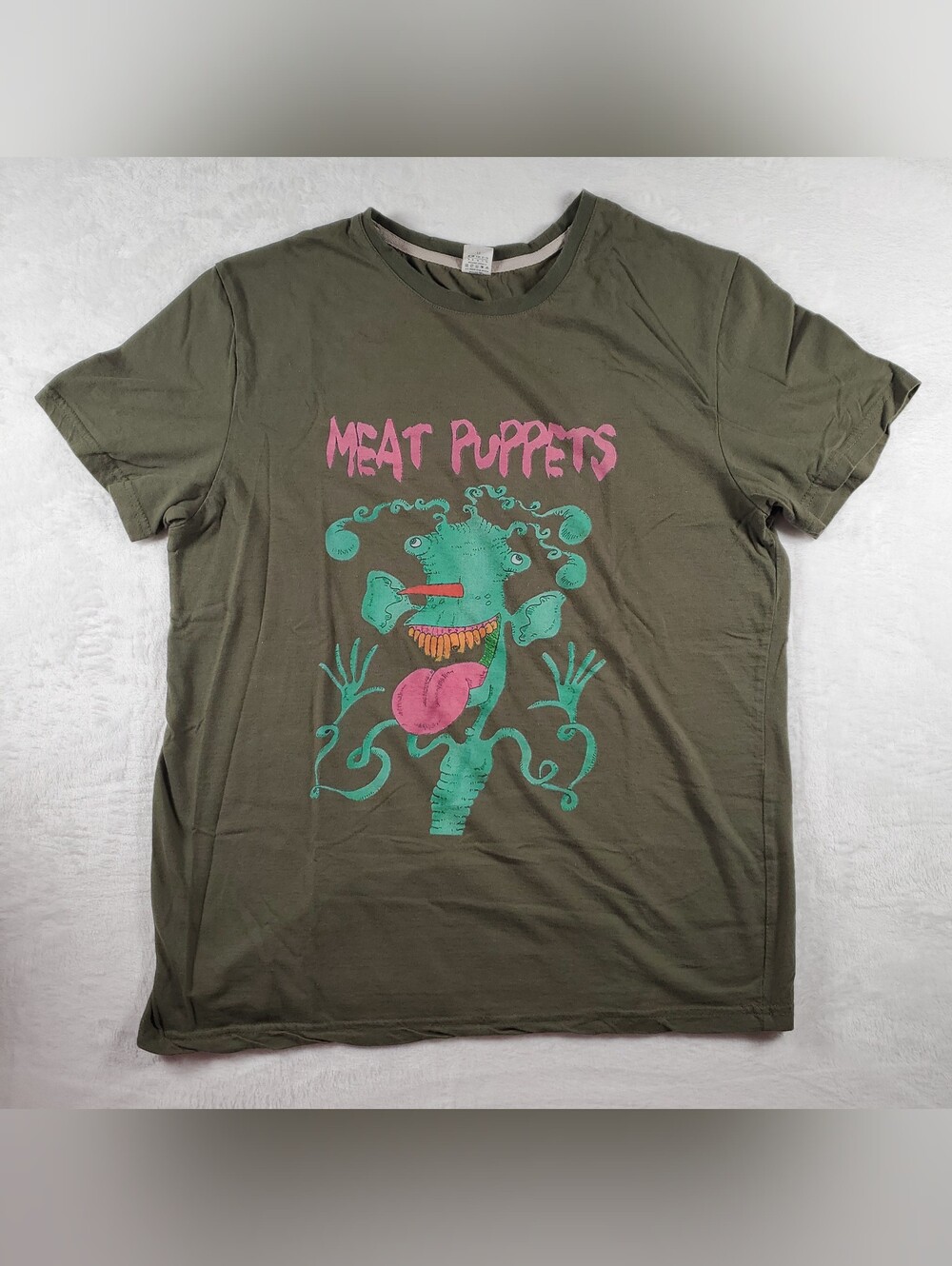 UNIQUE Meat Puppets Monster Band Army Green T- Shirt Large